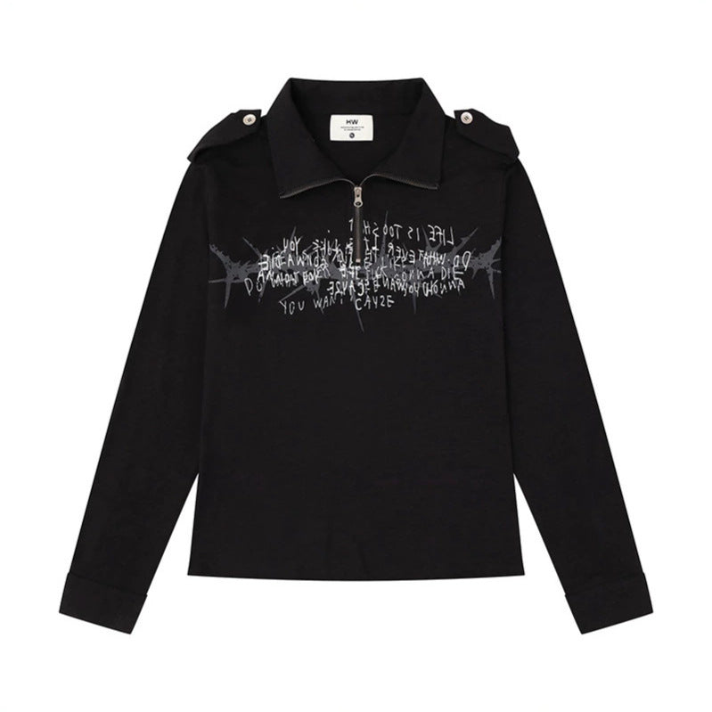 Women's long sleeve polo shirt with short zipper, shoulder pads and statement print Chichicherry