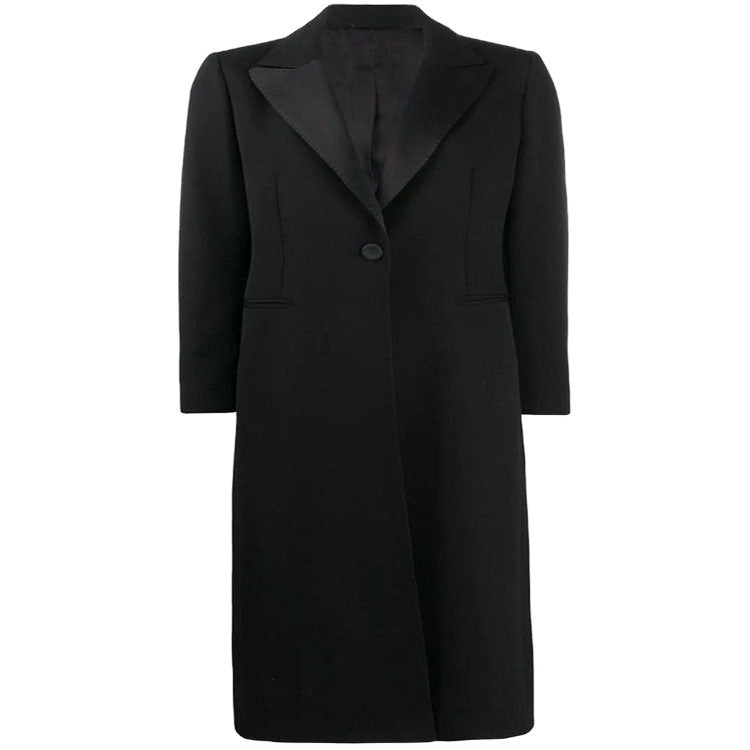 Women Elegant Single-Breasted Long Coat in Tuxedo Style with Narrow Lapels and Satin Trim Chichicherry