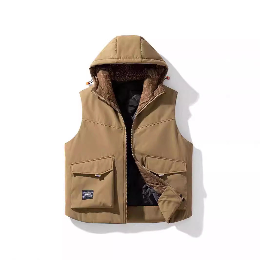 Men's Insulated Hooded Utility Vest with Multifunctional Pockets and Windproof Outer Layer Chichicherry