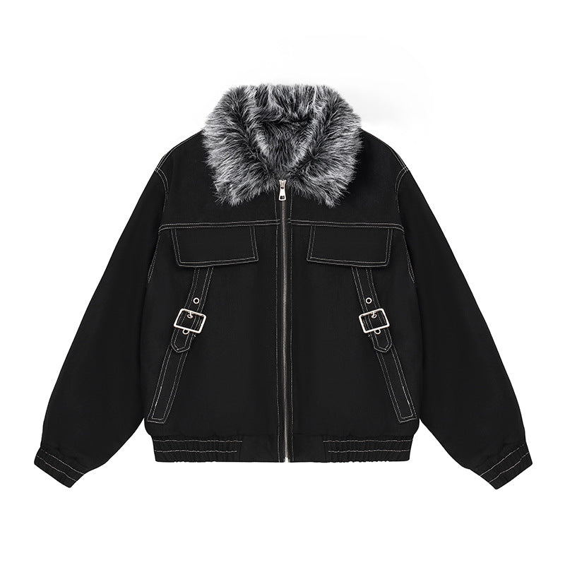 Women's padded bomber jacket with faux fur collar, contrast stitching, and buckle details Chichicherry