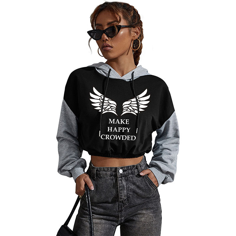 Women's Cropped Hoodie with Contrast Sleeves, Elastic Hem and Melting Smiley Print