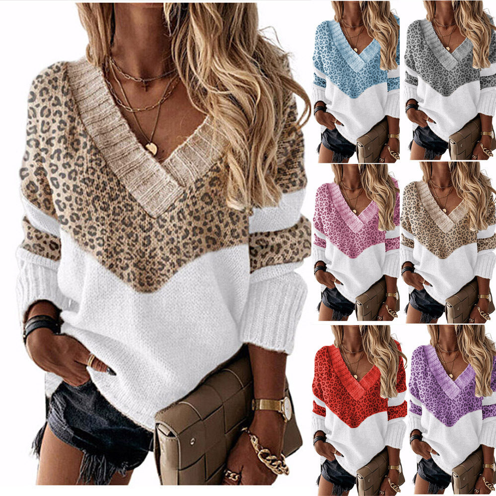 Women's V-neck knitted sweater with leopard print and color block design Chichicherry