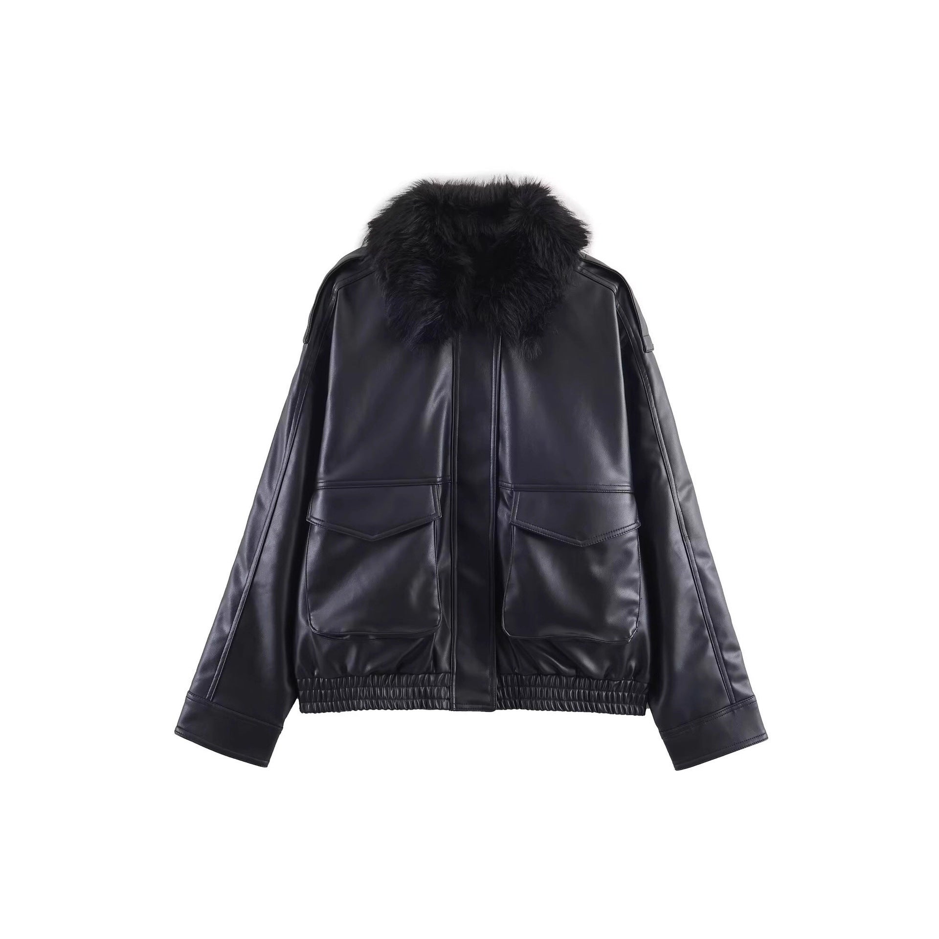 Women's Short Cut Faux Leather Bomber with Voluminous Faux Fur Collar Chichicherry