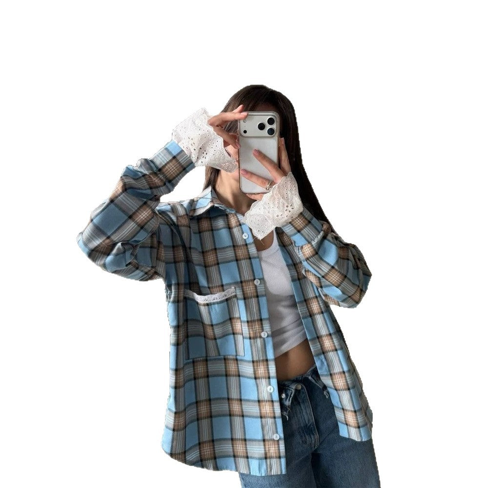 Women’s Oversize Checked Flannel Shirt with Lace Cuffs and Decorative Piping Chichicherry