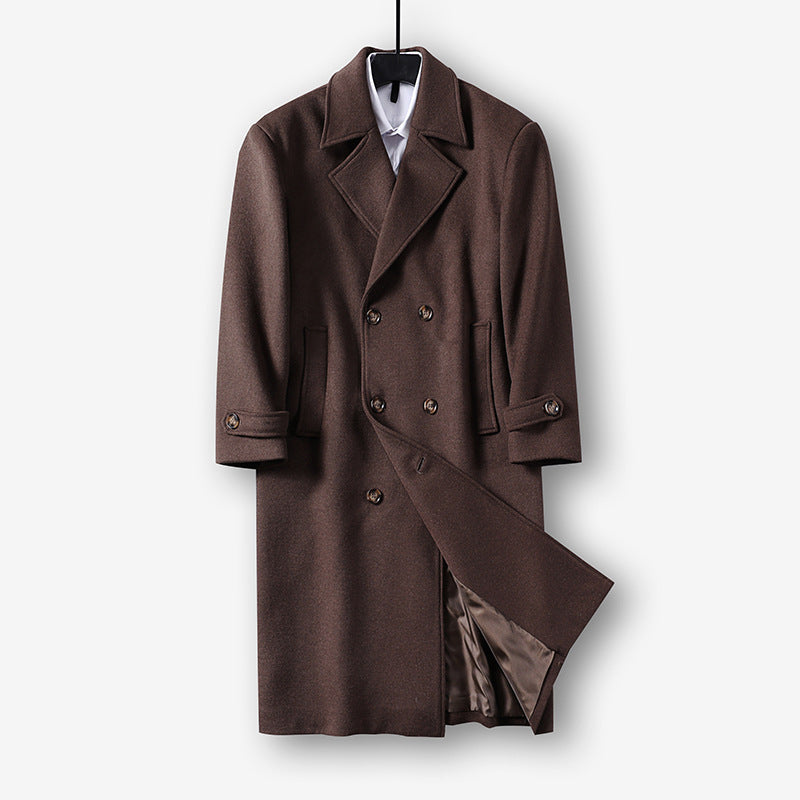 Men's Long Double-Breasted Wool Coat with Minimalist Silhouette and Shawl Collar Chichicherry