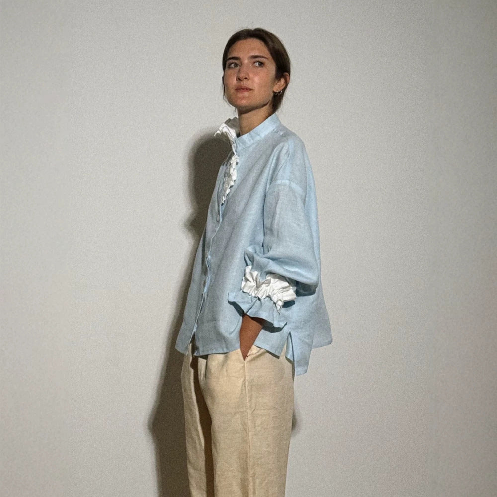 Women's lightweight linen blouse with stand-up collar, oversized silhouette and gathered cuffs Chichicherry