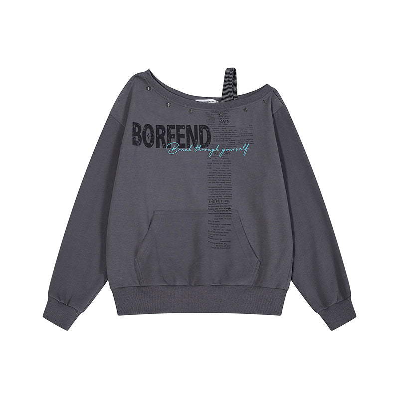 Women's Oversize Sweatshirt with Asymmetric One-Shoulder Strap, Kangaroo Pocket and Studs Chichicherry