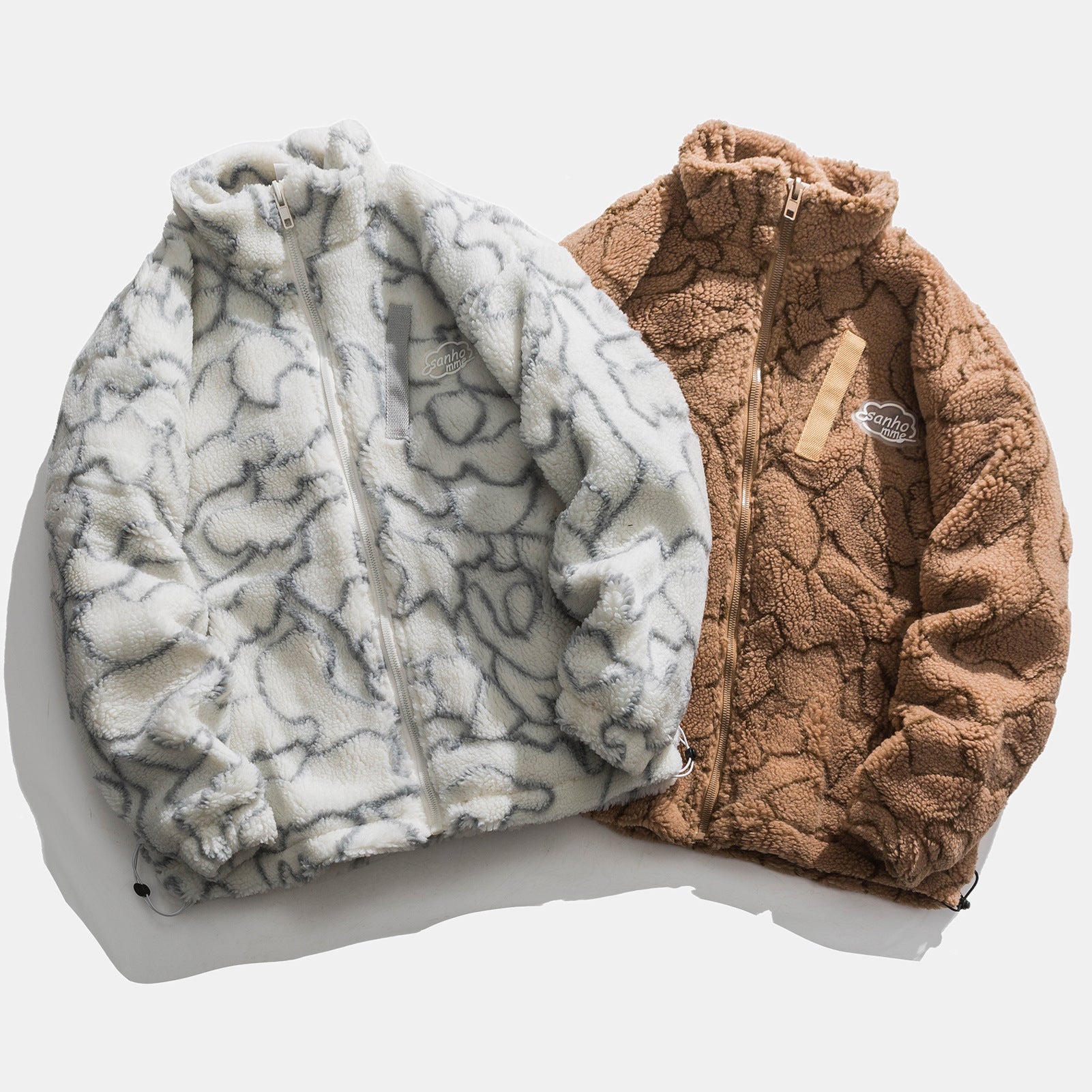 Women cozy teddy fleece jacket with stand-up collar and drawstring Chichicherry