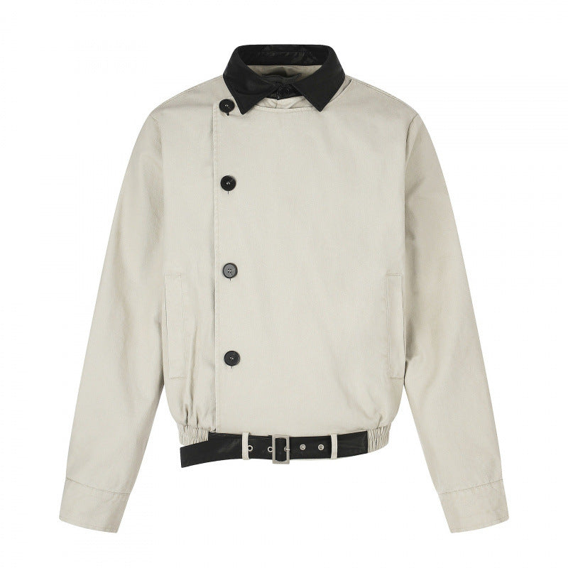 Men's short-cut bomber blouson jacket in vintage canvas with leather collar and waist belt Chichicherry