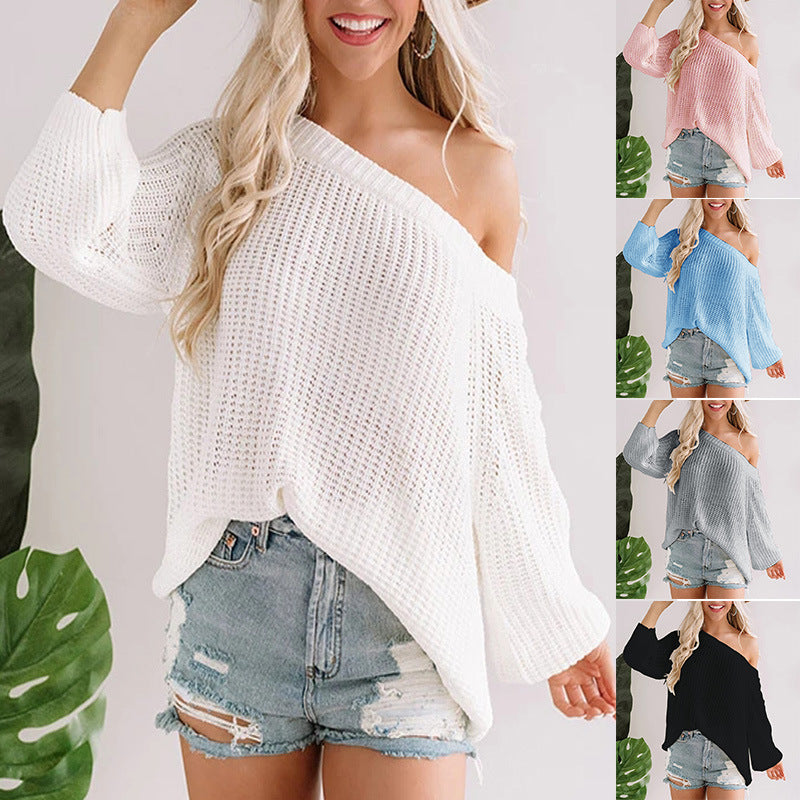Women's Oversize Knit Sweater with Off-Shoulder Lace Pattern and Wide Hem Chichicherry