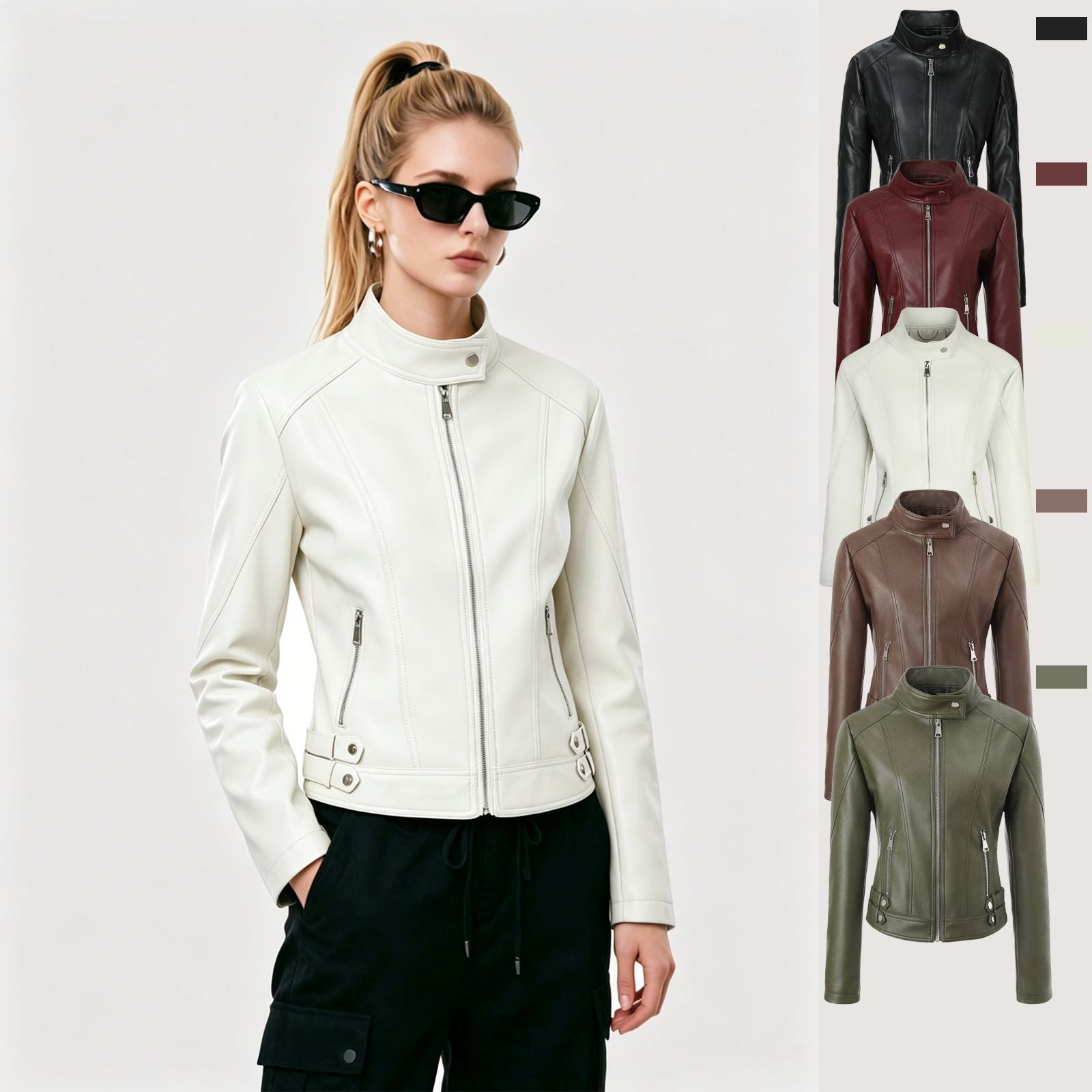 Women's short fitted motorcycle jacket made of faux leather with stand collar and buckle straps Chichicherry