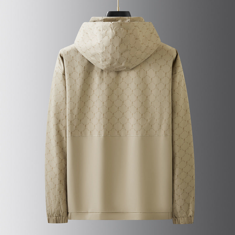 Men's Light Water-Repellent Hooded Outdoor Jacket with Allover Pattern and Large Pockets Chichicherry