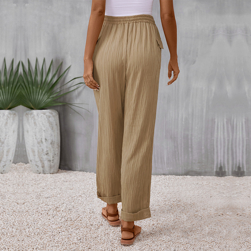 Women's Lightweight Linen Look Pants with Elastic Waistband, Drawstring and Straight Leg Chichicherry