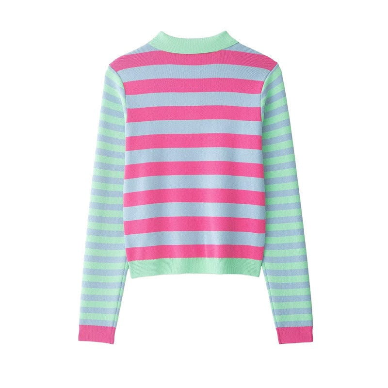 Women's Striped Short Knit Jacket with Polo Collar, Contrasting Button Placket and Ribbed Cuffs Chichicherry