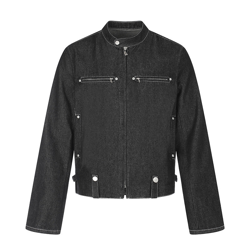 Women's short denim biker jacket with stand-up collar, zipper and snap button details Chichicherry
