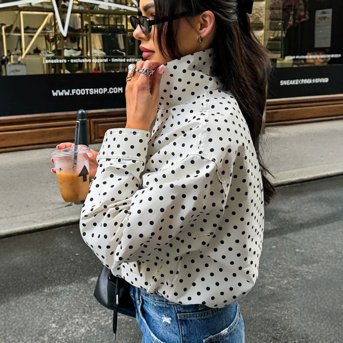Women's Polka Dot Oversized Bomber Jacket made of lightweight cotton blend with stand-up collar and zipper Chichicherry
