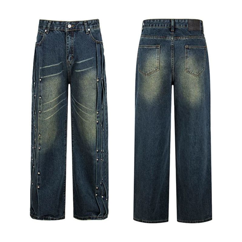 Women's Loose Denim Jeans with Snap Button Side Stripes, High Waist and Used Wash Chichicherry