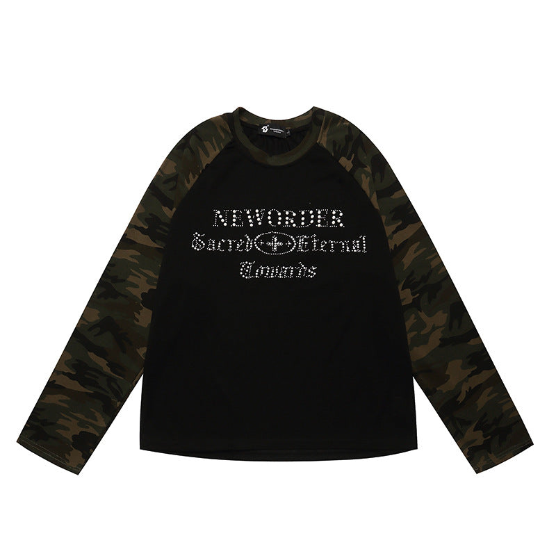 Women's Long Sleeve Shirt with Camouflage Raglan Sleeves and Rhinestone Logo Print Chichicherry