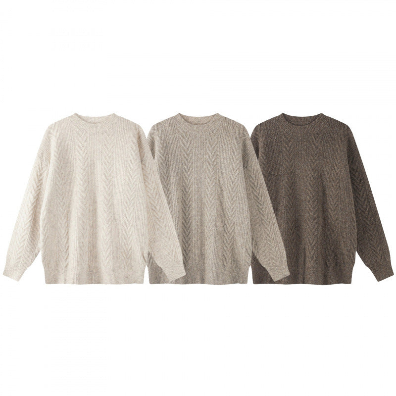 Unisex Oversized Chunky Knit Sweater with Herringbone Pattern and Round Neck Chichicherry
