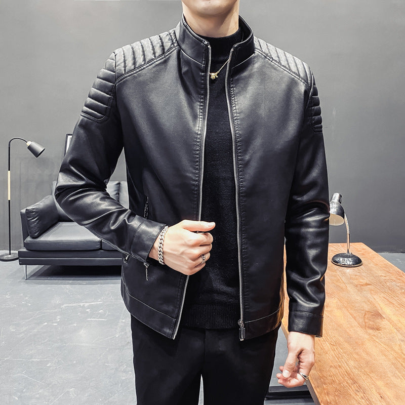 Men's slim faux leather moto jacket with ergonomic seams, ribbed quilt detailing at shoulders and concealed zipper pockets.