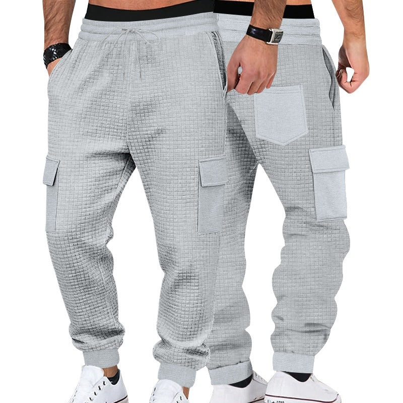 Men's Textured Waffle Cargo Joggers with Elastic Waistband and Multifunctional Pocket Design Chichicherry