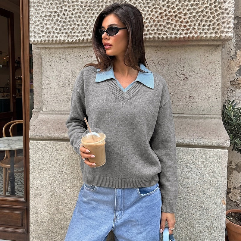Women's fine knit polo sweater with contrasting shirt collar and V-neck Chichicherry