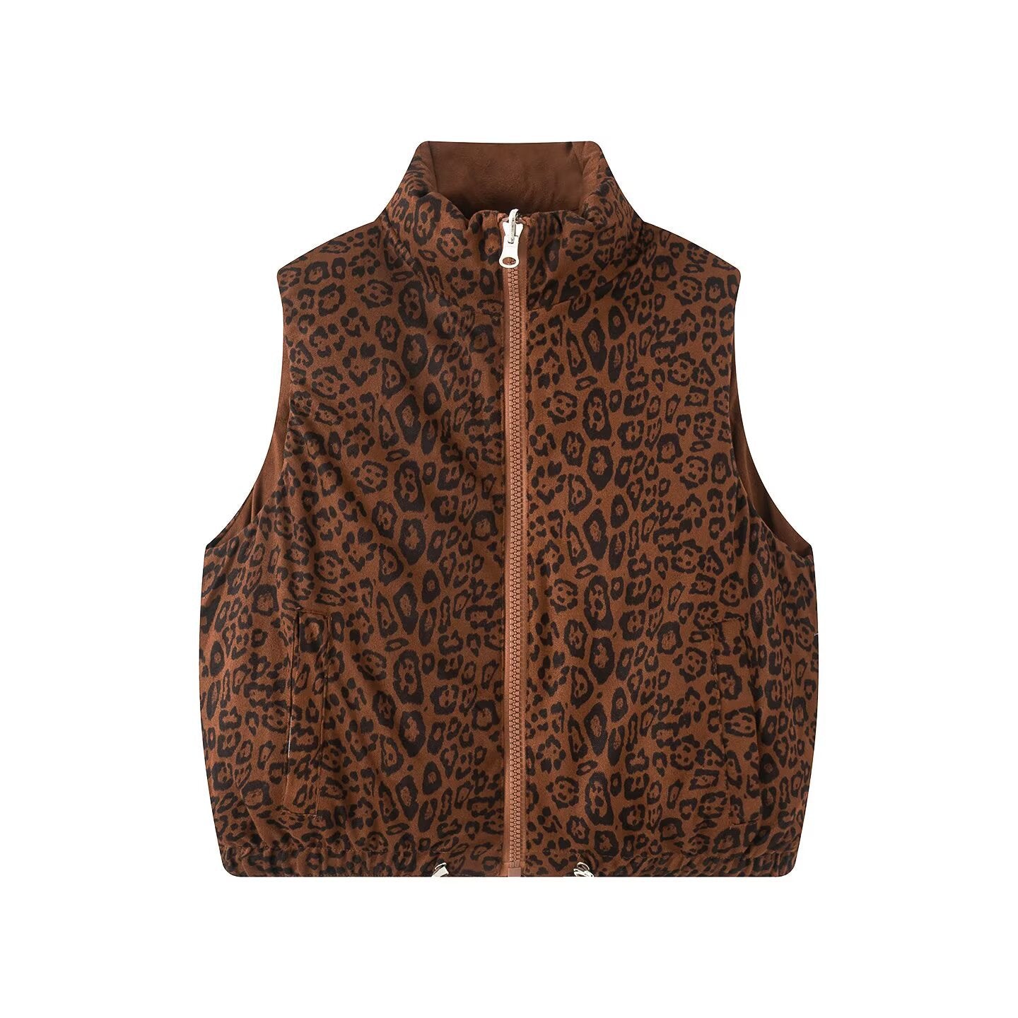 Women Padded Quilted Vest with High Stand-Up Collar and Leopard Print Lining Chichicherry