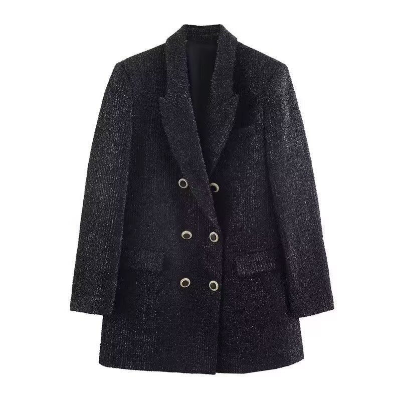 Women Double-Breasted Boucle Coat with Shawl Collar and Patching Pockets Chichicherry