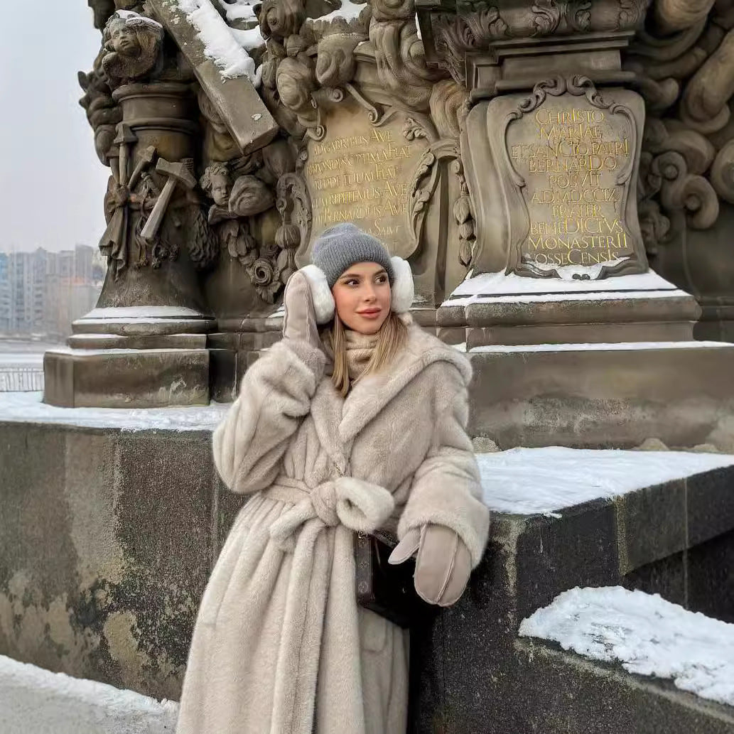 Women Longer Teddy Faux Fur Coat with Tie Belt and Oversized Silhouette Chichicherry
