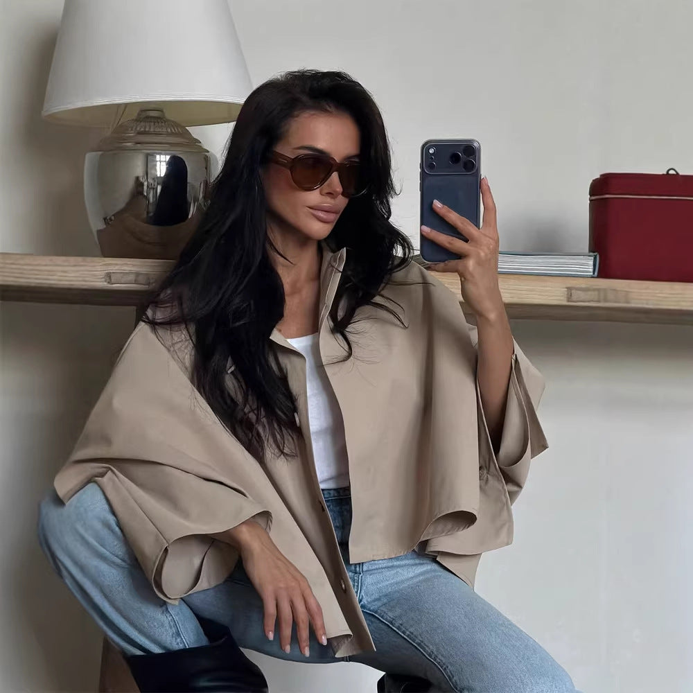 Women's Oversized Cropped Jacket with Voluminous Bat Sleeves and Shirt Collar Chichicherry