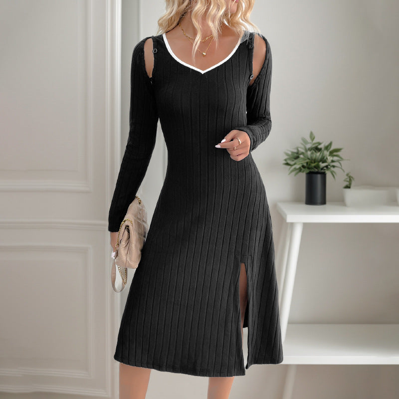 Women's midi dress made of ribbed fine knit with V-neck, shoulder cutouts, and side slit Chichicherry