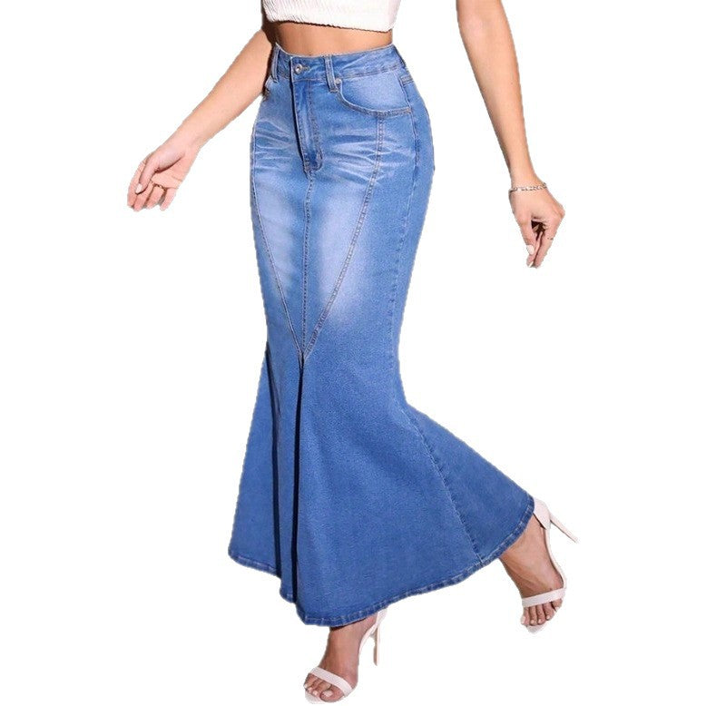 Women's waist-defining denim mermaid midi skirt with sculpting seam panels Chichicherry