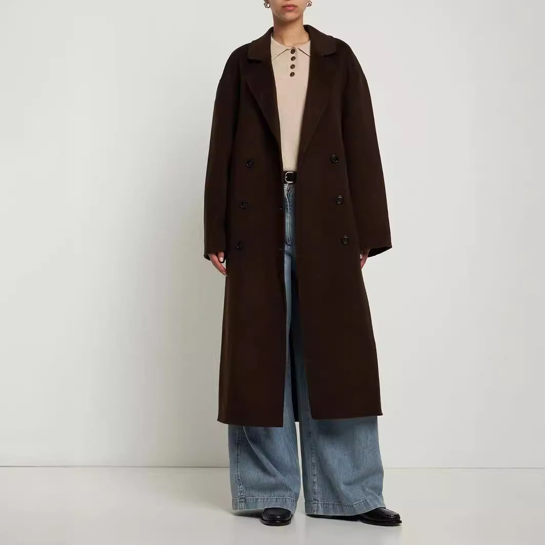 Women Oversize Double-breasted Long Coat with Dropped Shoulder Silhouette and Gold Decorative Buttons Chichicherry