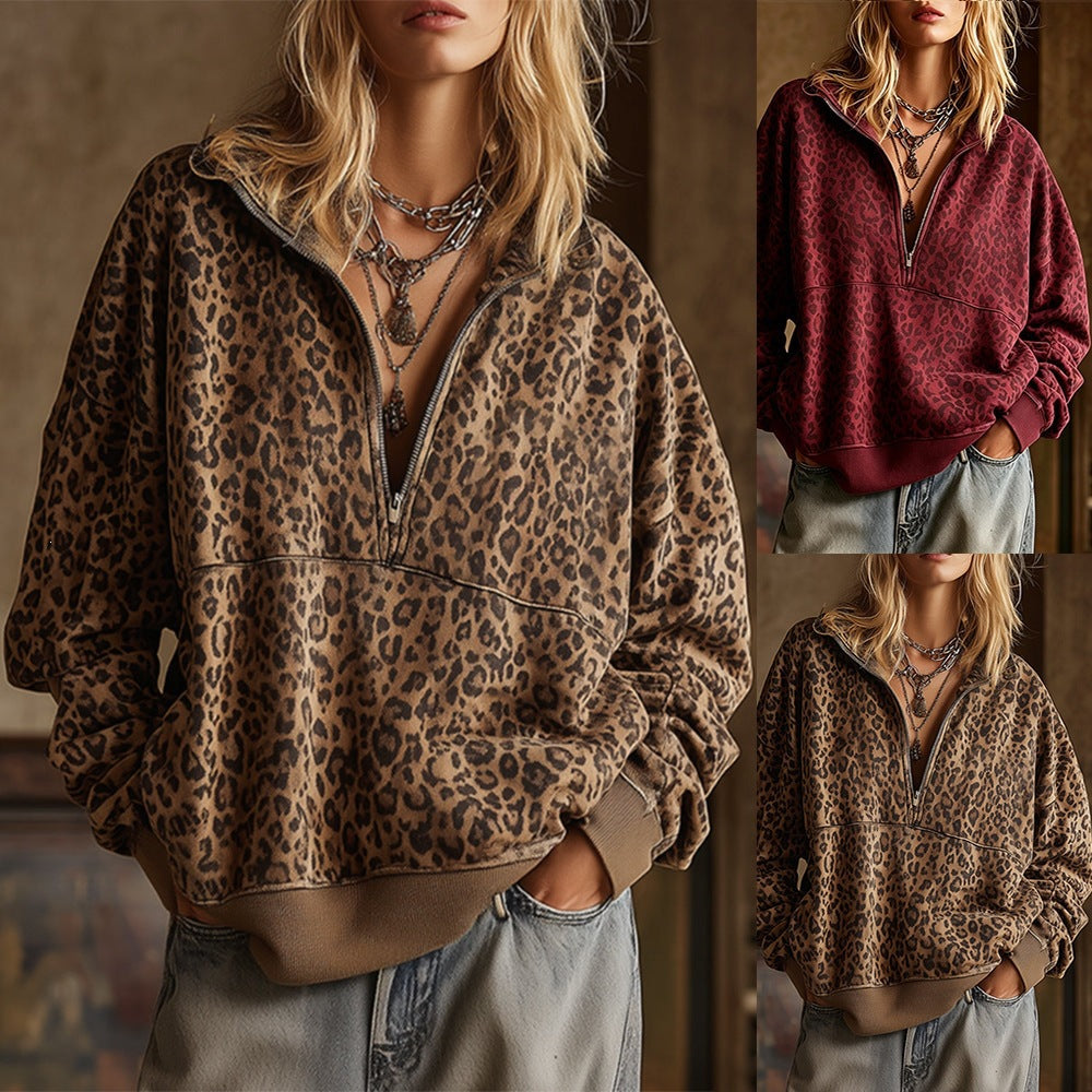 Women's Oversized Sweatshirt with Half Zipper and Leopard Print