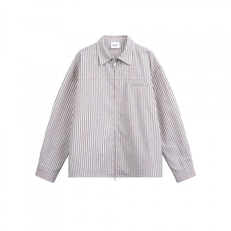 Women Striped Oversized Shirt Jacket with Concealed Zipper and Chest Pocket Chichicherry