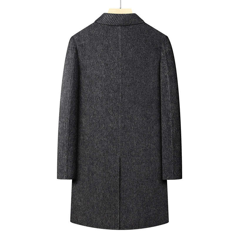 Men's Long Double-Breasted Wool Blend Coat with Textured Lapel Chichicherry