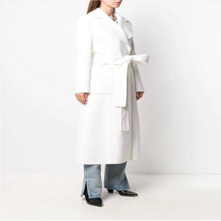 Women’s Floor-Length Wrap Coat made of Wool-Cashmere Blend with Wide Shawl Collar and Large Patch Pockets Chichicherry