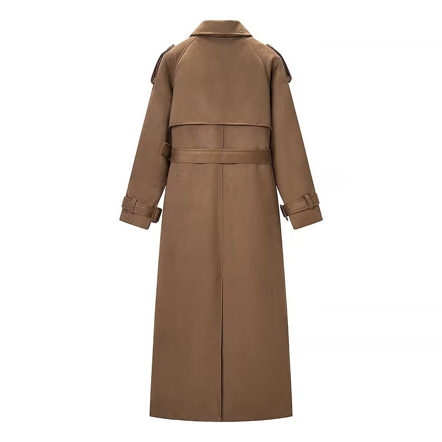 Women's Elegant Long Waist Trench Coat with Double-Breasted Button Placket and Flared Hem Chichicherry