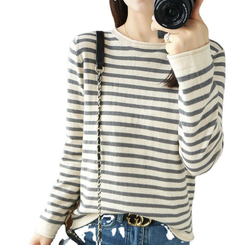 Women’s maritime inspired cotton fine knit pullover with stripes and slightly boxy silhouette Chichicherry