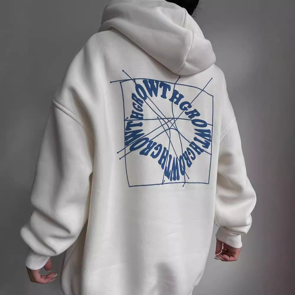 Damen Oversized Kapuzenpullover mit abstraktem Rückenprint und gerippten Bündchen Chichicherry