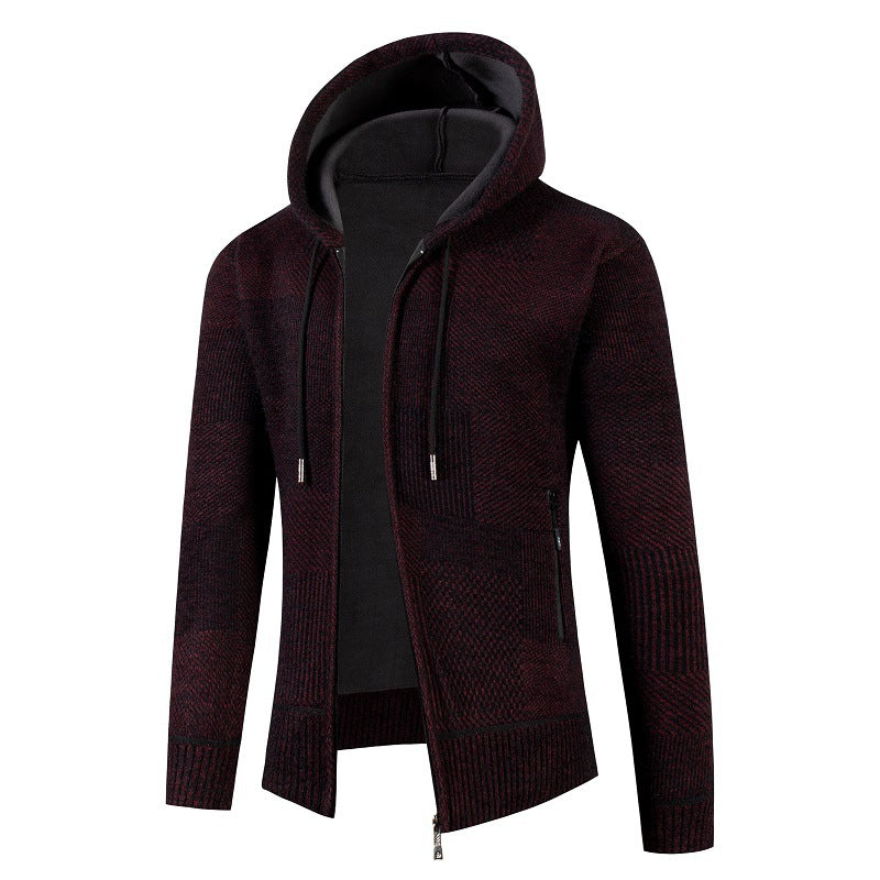Men's Knit Hoodie Jacket with Full Zipper, Lined Hood and Structured Patchwork Look Chichicherry
