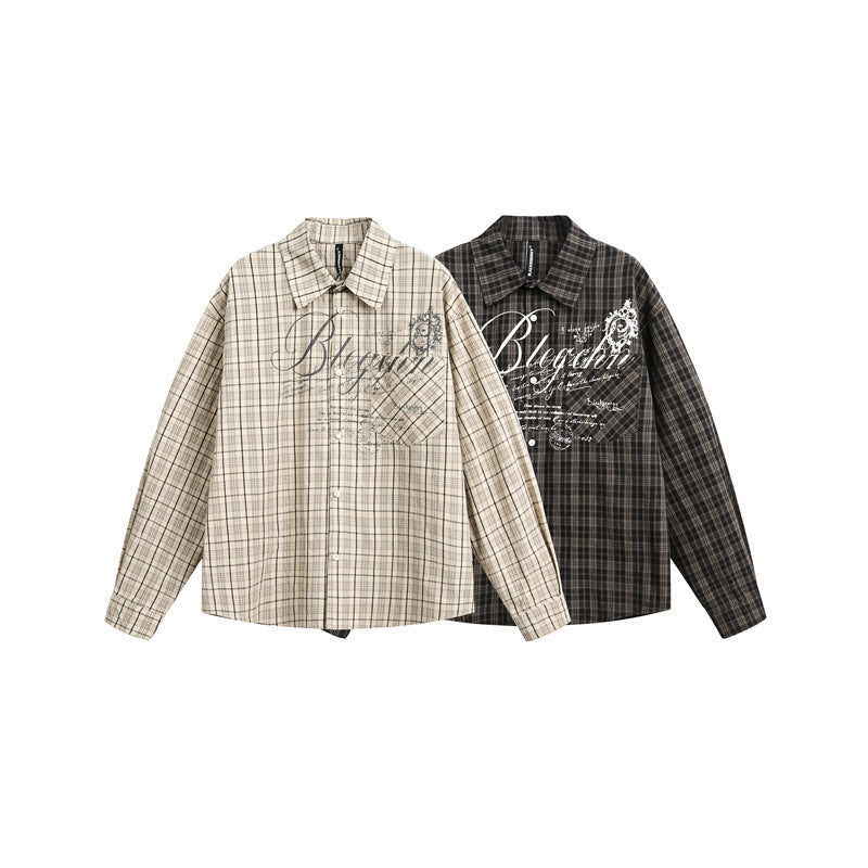 Women's Checked Oversized Shirt Blouse with Chest Pocket and Decorative Text Print Chichicherry