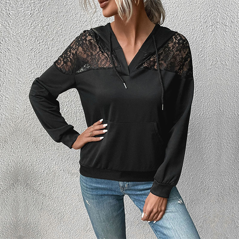 Ladies hooded sweatshirt with lace insert and V-neck Chichicherry
