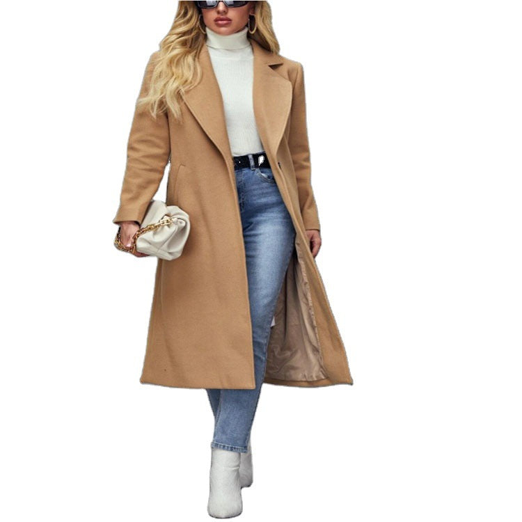 Women Maxilength Wool Blend Classic Coat with Minimalist Waist and Hidden Button Placket Chichicherry