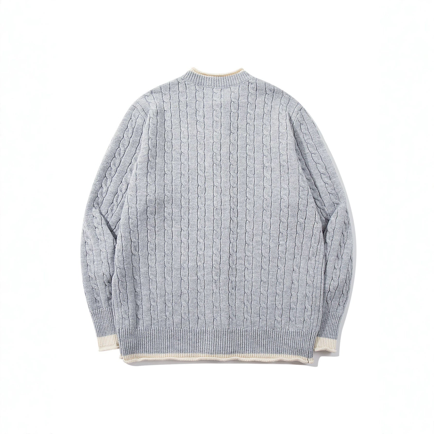 Unisex Cable Knit Cardigan with Round Neck, Contrasting Cuffs and Continuous Button Placket Chichicherry