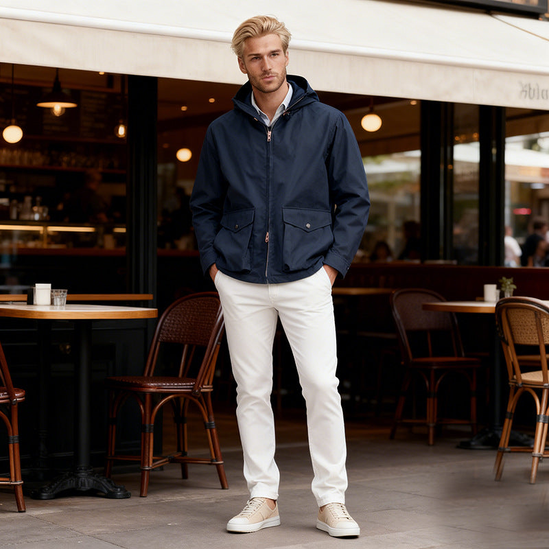 Men's Lightweight Hooded Jacket in Urban Minimal Style with Two-Way Zipper and Flap Pockets Chichicherry