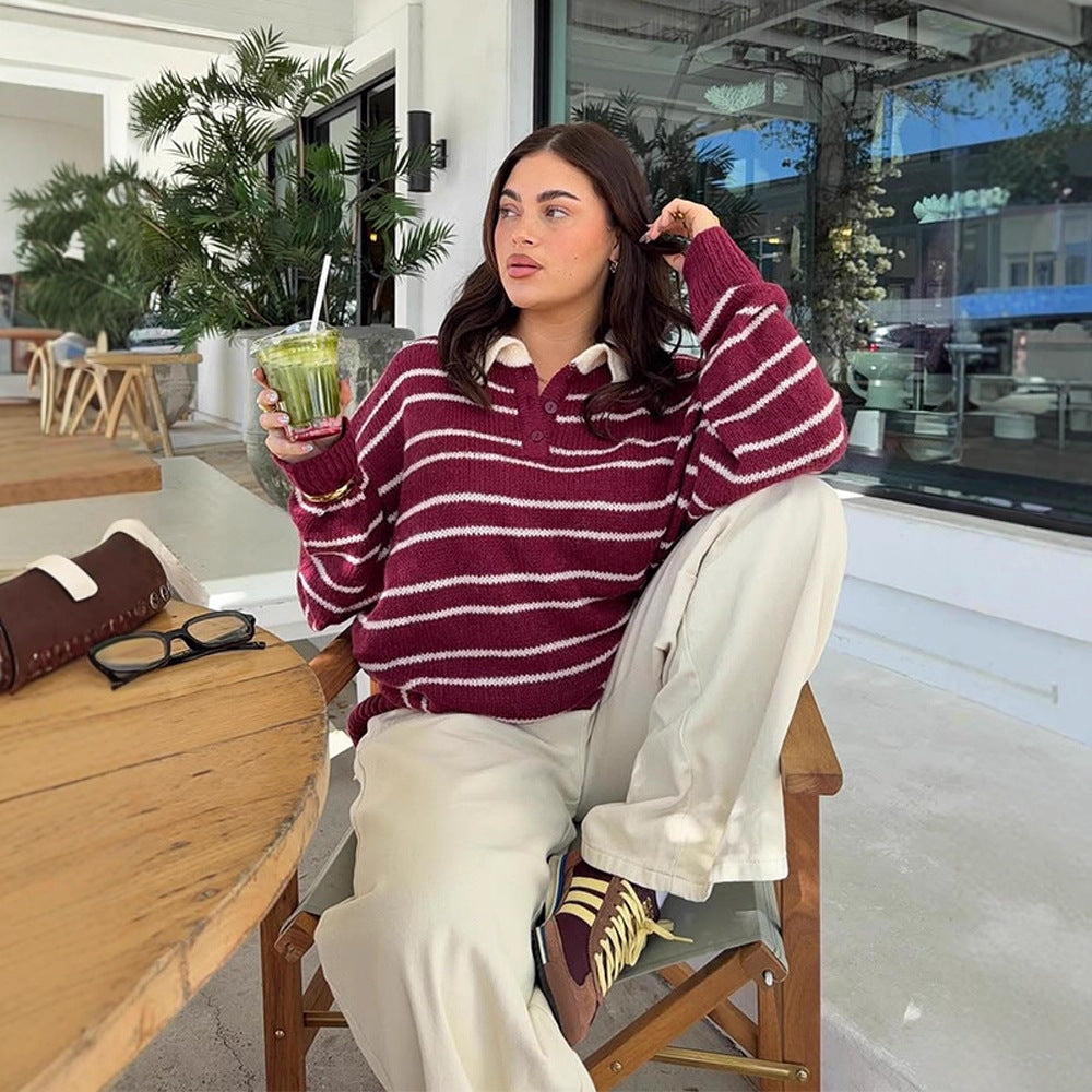 Women's Oversized Knit Sweater with Polo Collar & Stripe Pattern Chichicherry