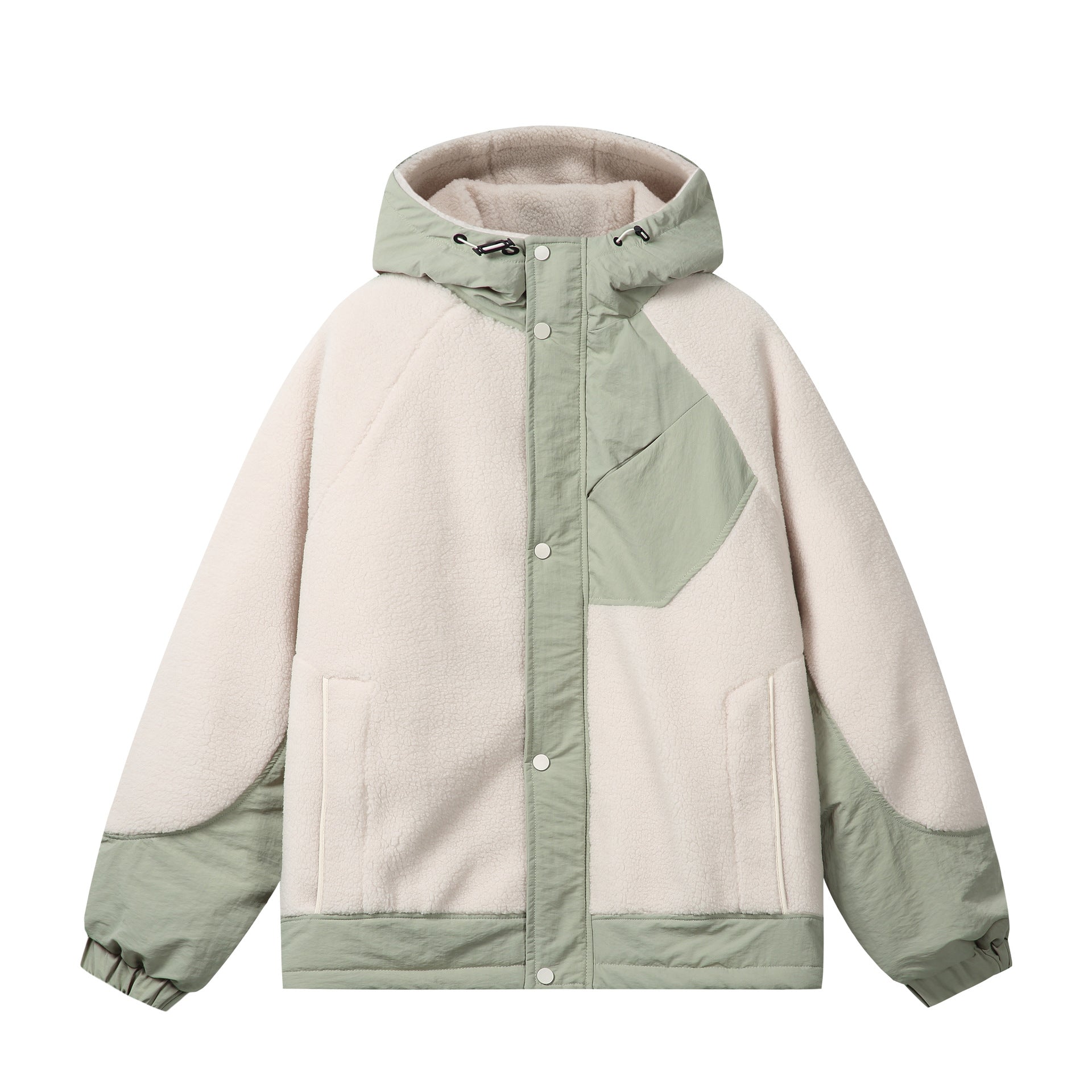 Unisex Boxy Fleece Jacket with Hood and Contrasting Nylon Inserts Chichicherry