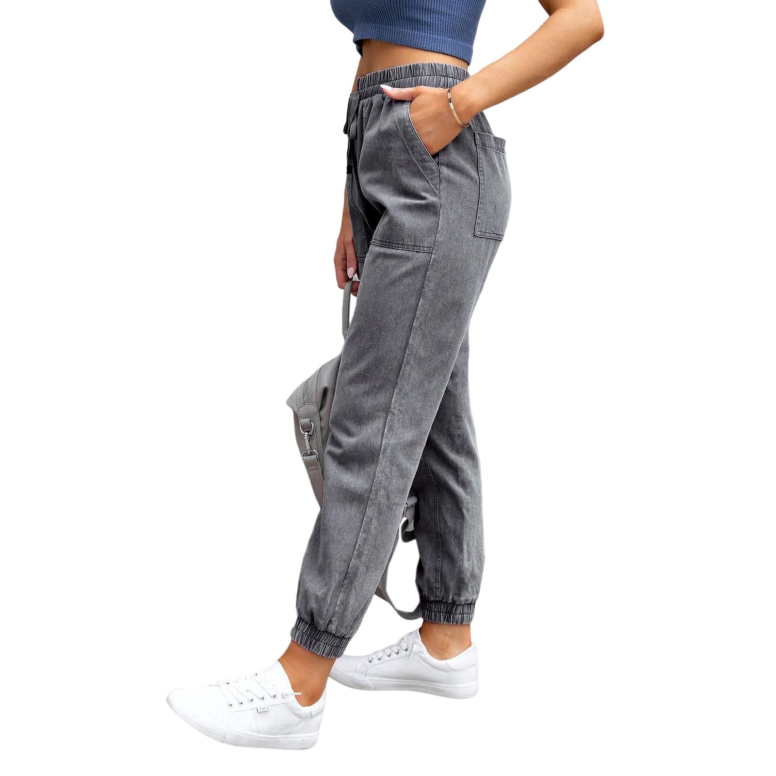 Women's denim jogger pants with cargo pockets and elastic drawstring waistband Chichicherry