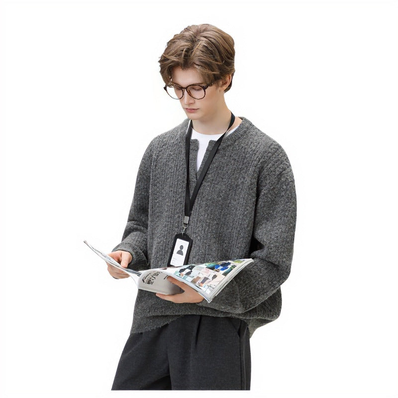 Damen Grobgestrickter Zopfmuster-Pullover mit V‑Ausschnitt und Lagen‑Optik Chichicherry